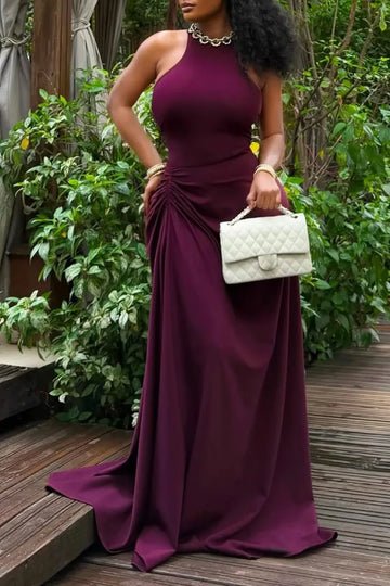 Women Round Neck Sleeveless Waist Cinched Elegant Temperament Dinner Style Dress