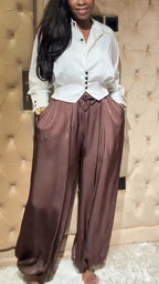 Womens Collar Shirt + Pants Casual Suit