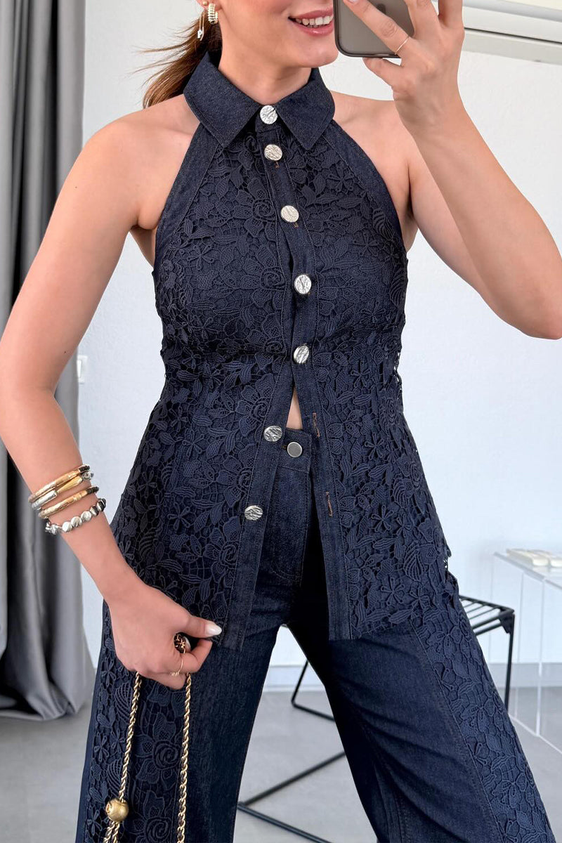 Women's Elegant Lace Panel Denim Vest & Jeans