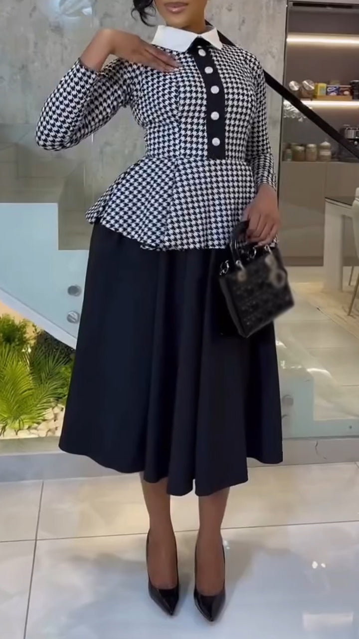 Women Collar Print Patchwork Fake Two Elegant Temperament Dresses