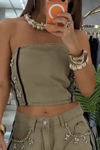 Women Denim Strapless Top with Rhinestones or Side Vertical Stripe Wide Leg Jeans