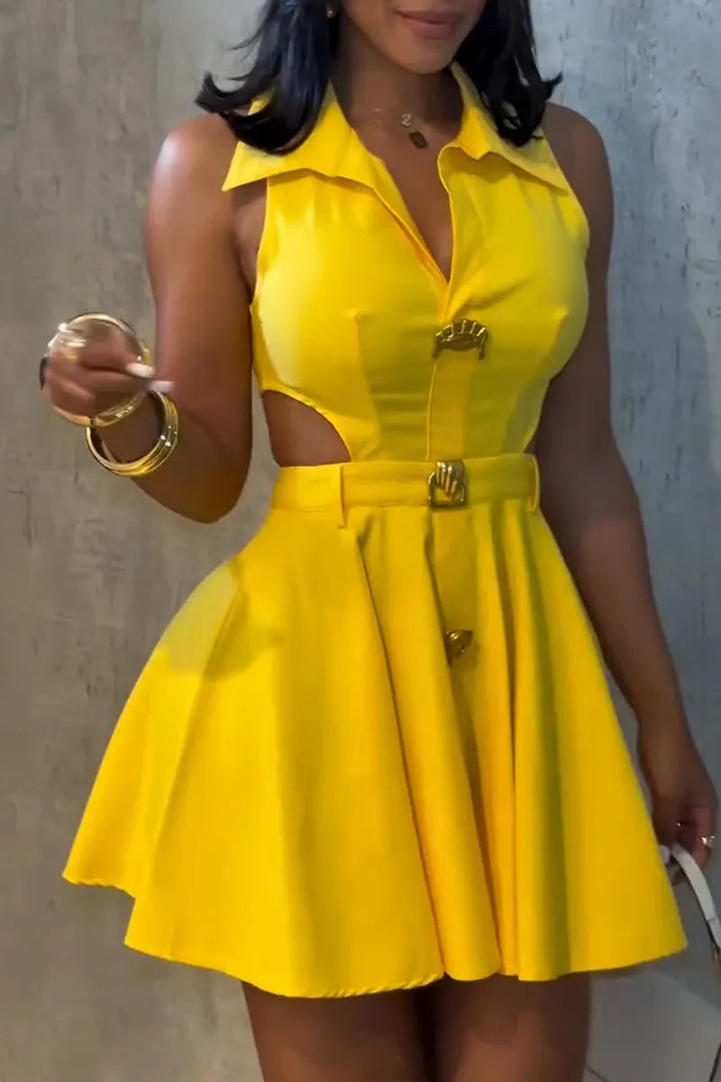 Women's Fashion Waist-Cutout Button Trim Dress