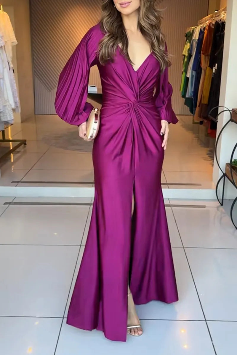 Women's Elegant Puff Sleeve Knot Trim Maxi Dress