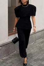 Womens Round Neck Splicing Top + Pants Solid Color Temperament Casual Suit