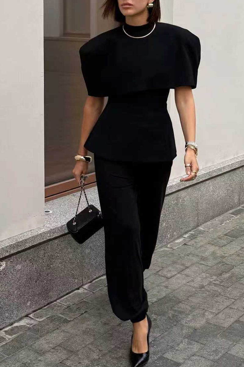 Womens Round Neck Splicing Top + Pants Solid Color Temperament Casual Suit