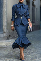 Women's Elegant Bow Denim Shirts & Fishtail Skirt