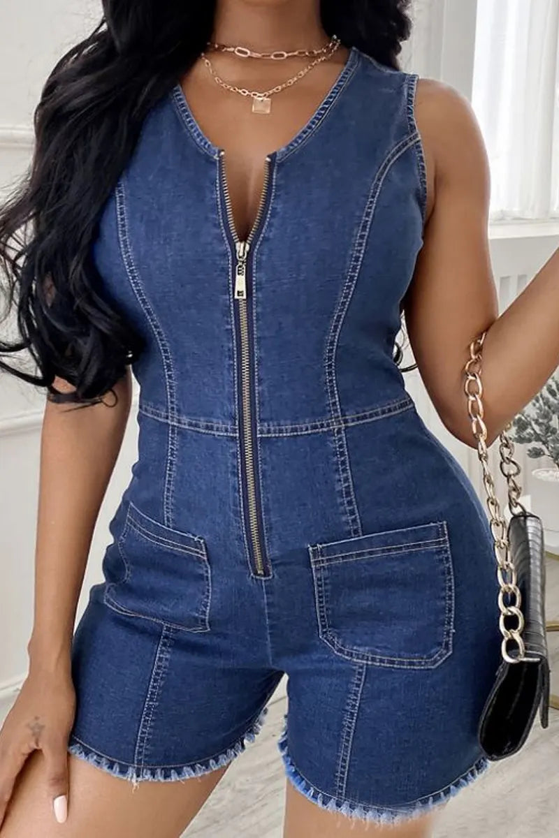 Women's Daily Solid Color V-Neck Zipper Denim Jumpsuit