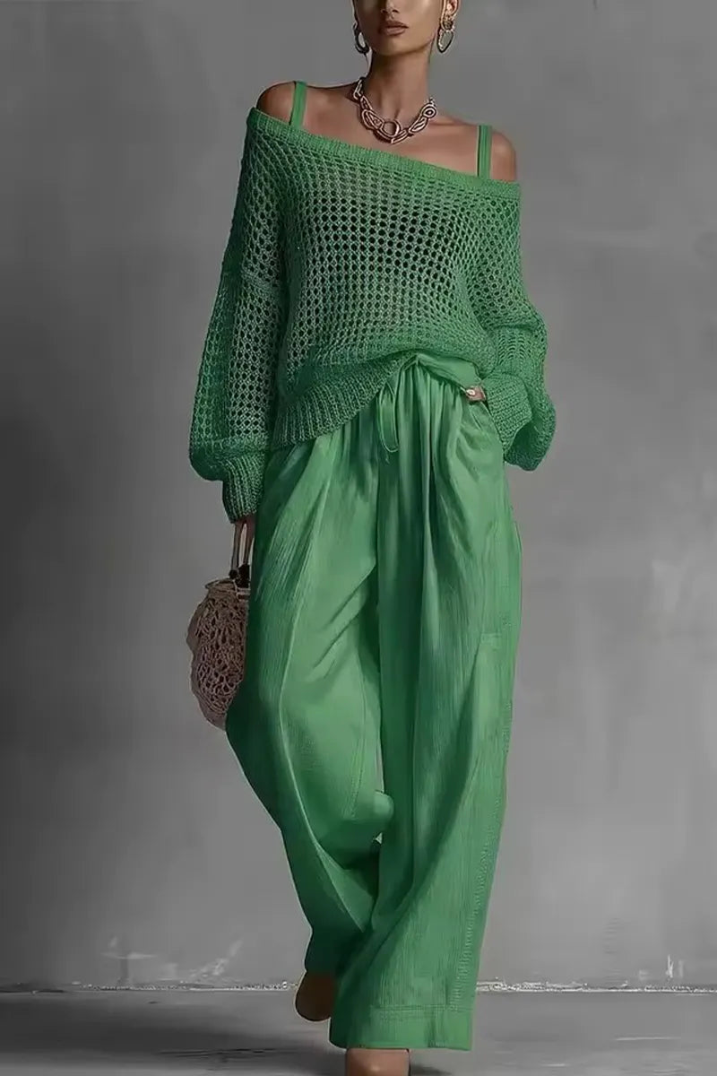 Women Suspender Woven Hollow Cover Shirt + Pants Casual Suit