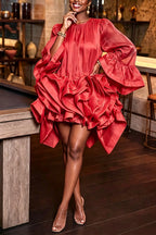 Women's Elegant Flounce Sleeve Multi Tiered Hem Layered Romantic Dress