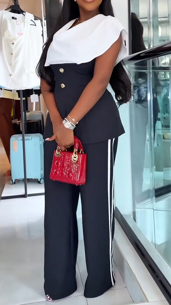 Womens V-neck Splicing Fake Two-piece Top + Pants Temperament Commuting Suit