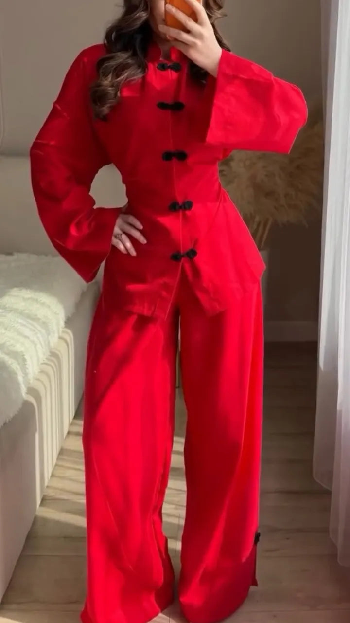 Women Round Neck Breasted Top and Pants New Chinese Casual Suit