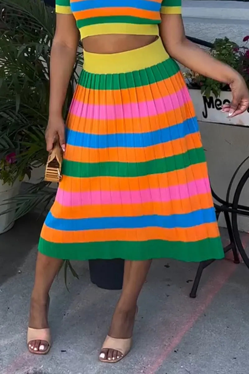 Women's Casual Multicolor Stripe Knit Top & Skirt