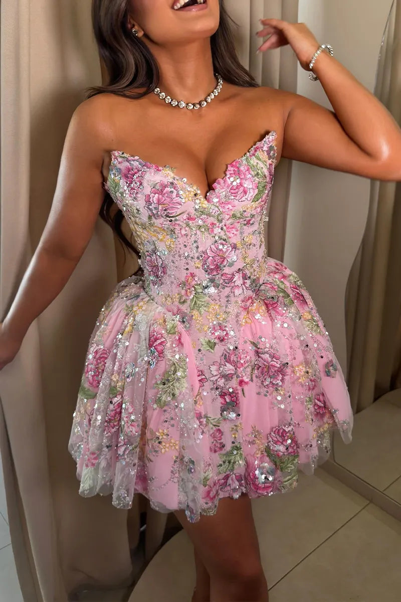 Women's Elegant Sequin Floral Mesh Bustier Dress