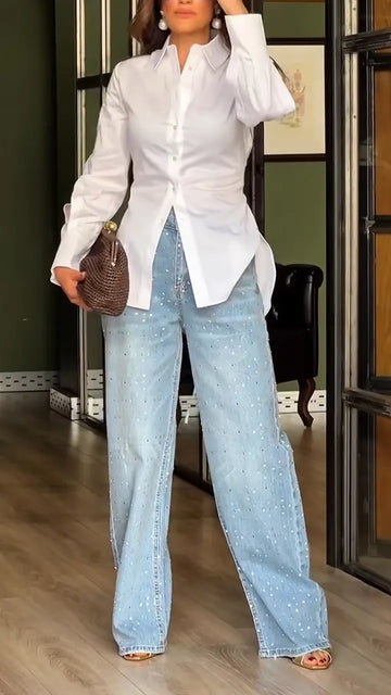 Women Collar Back Hollow Strap Design Shirt + Rhinestone Washed Denim Jeans