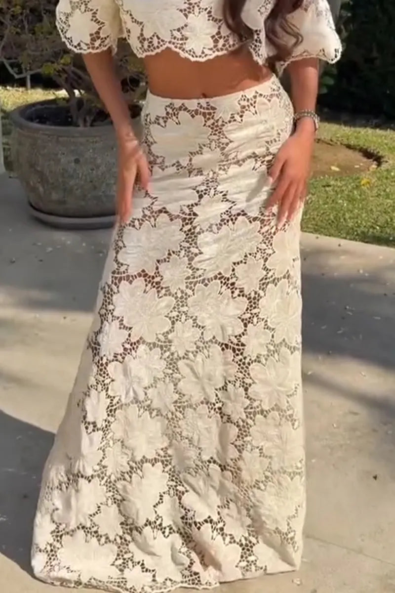 Women's Elegant Resort Lace Cutout Top & Long Skirt