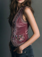 Vintage Dusty Rose Velvet Embroidered Vest With Lace Trim
