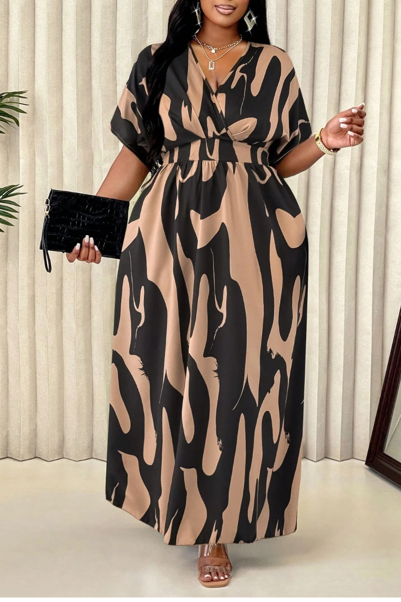 Women's Abstract Print V-Neck Batwing Sleeve Waisted Maxi Dress