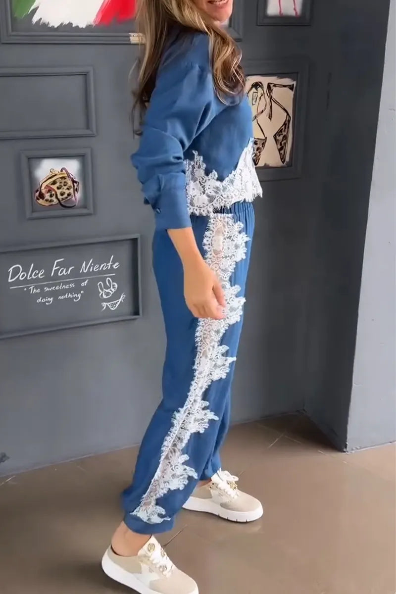 Women's Collar Patchwork Lace Pattern Shirt+ Pants Casual Set