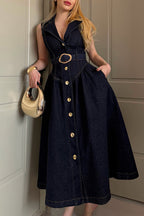 Women's Elegant Lapel Button Front Denim Dress with Belt