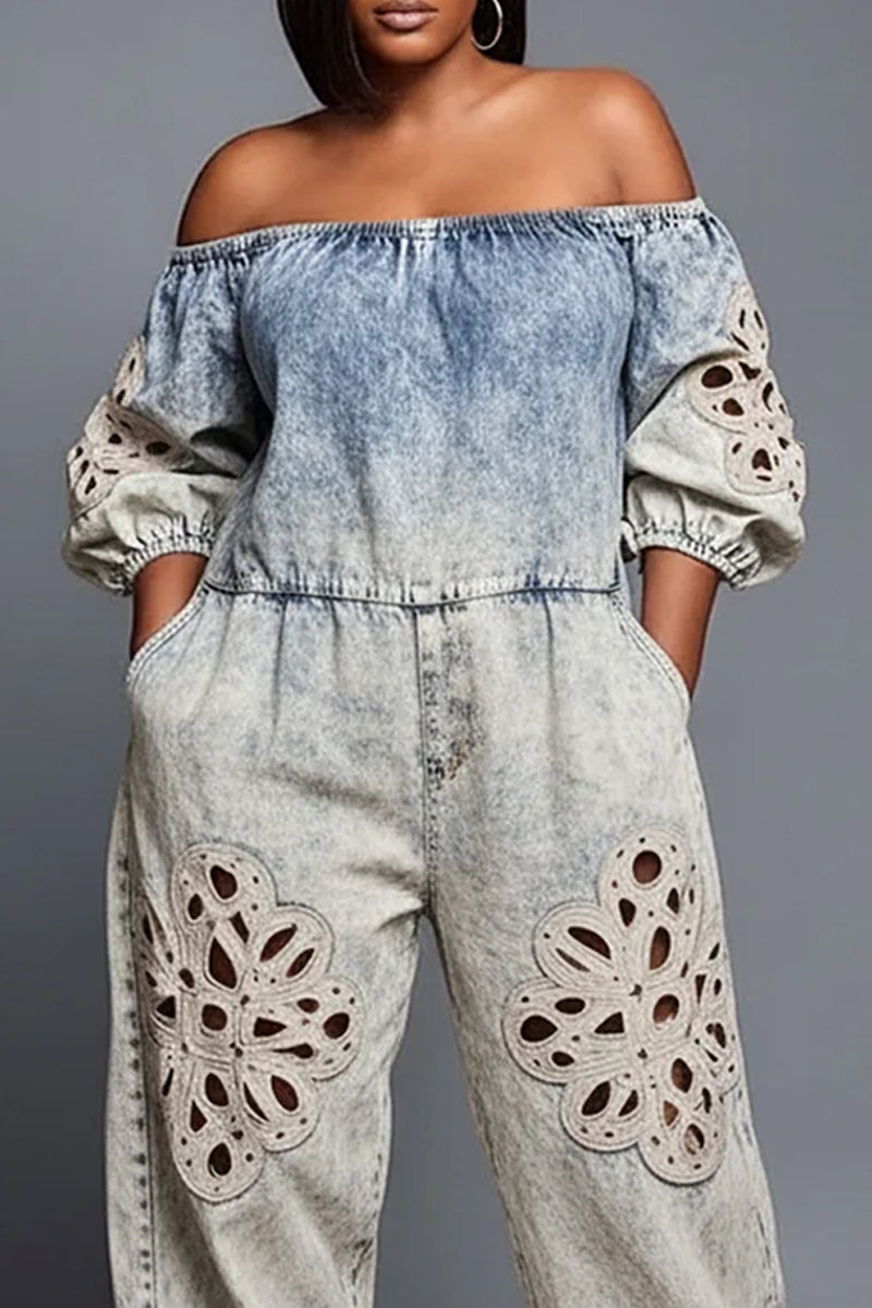 Women's Vacation White Off Shoulder Half Sleeved Hollow Pocket Denim Jumpsuit