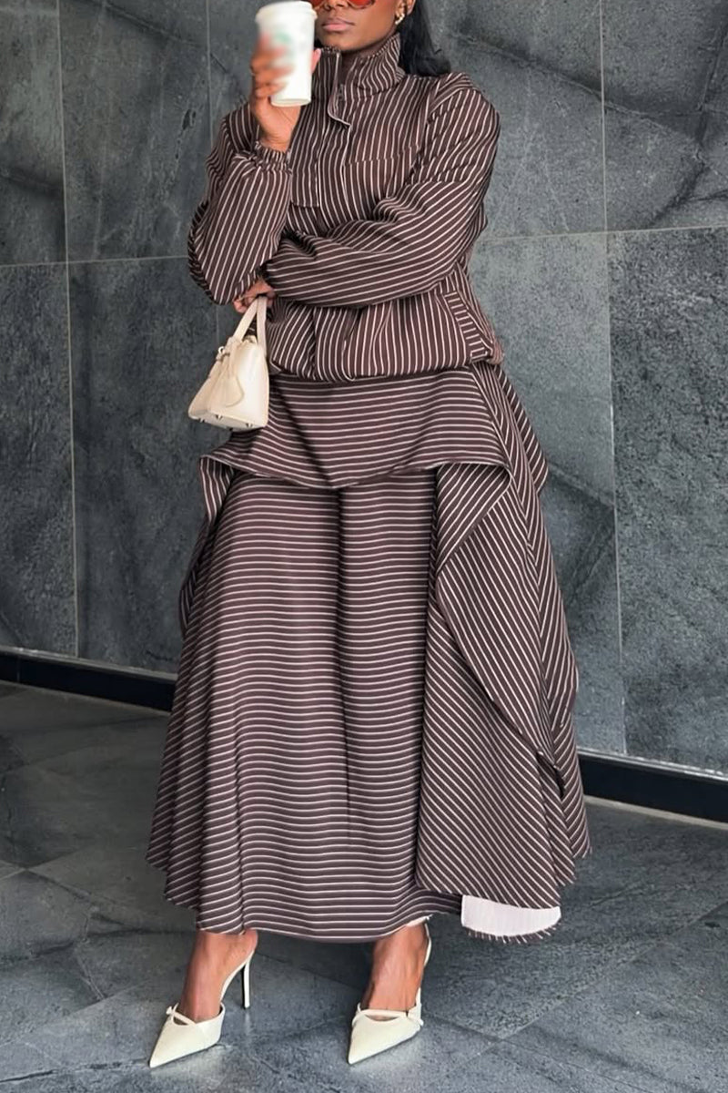 Women Stand Up Collar Vertical Patterned Jacket + Patchwork Skirt Elegant Temperament Set