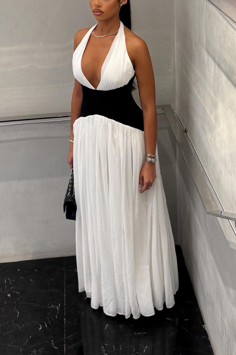 Women's Elegant Halter Maxi Dress With Contrast Trim
