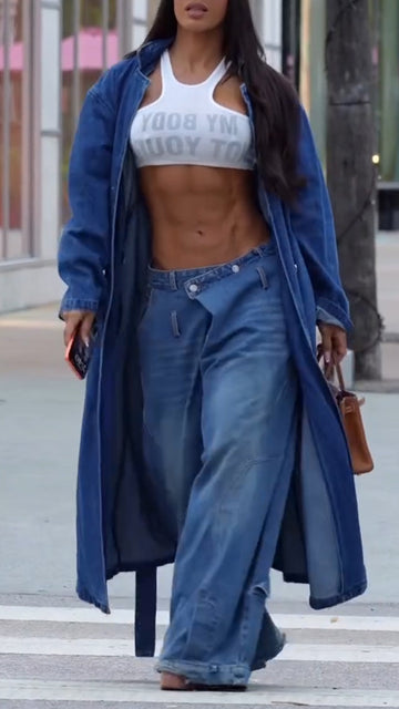 Women Denim Coat +washed Jeans Casual Suit