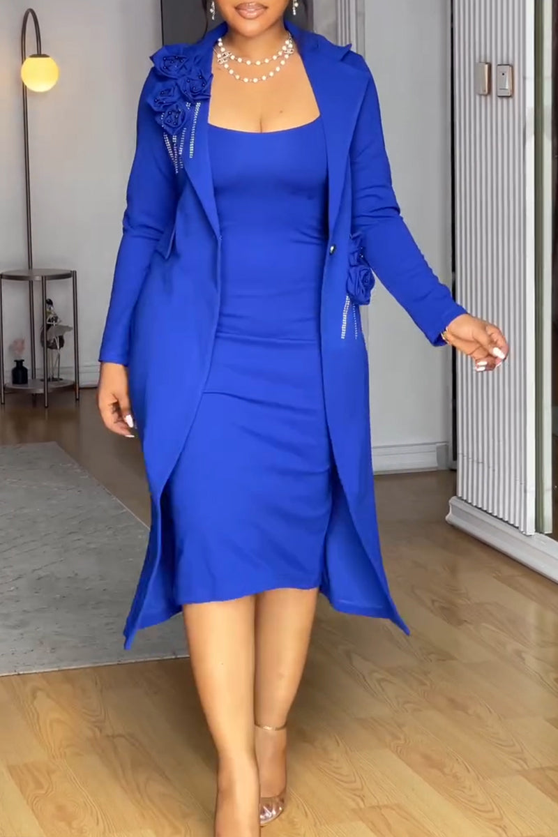 Women's Elegant Cami Dress + 3D-Floral Lapel Long Blazer Set
