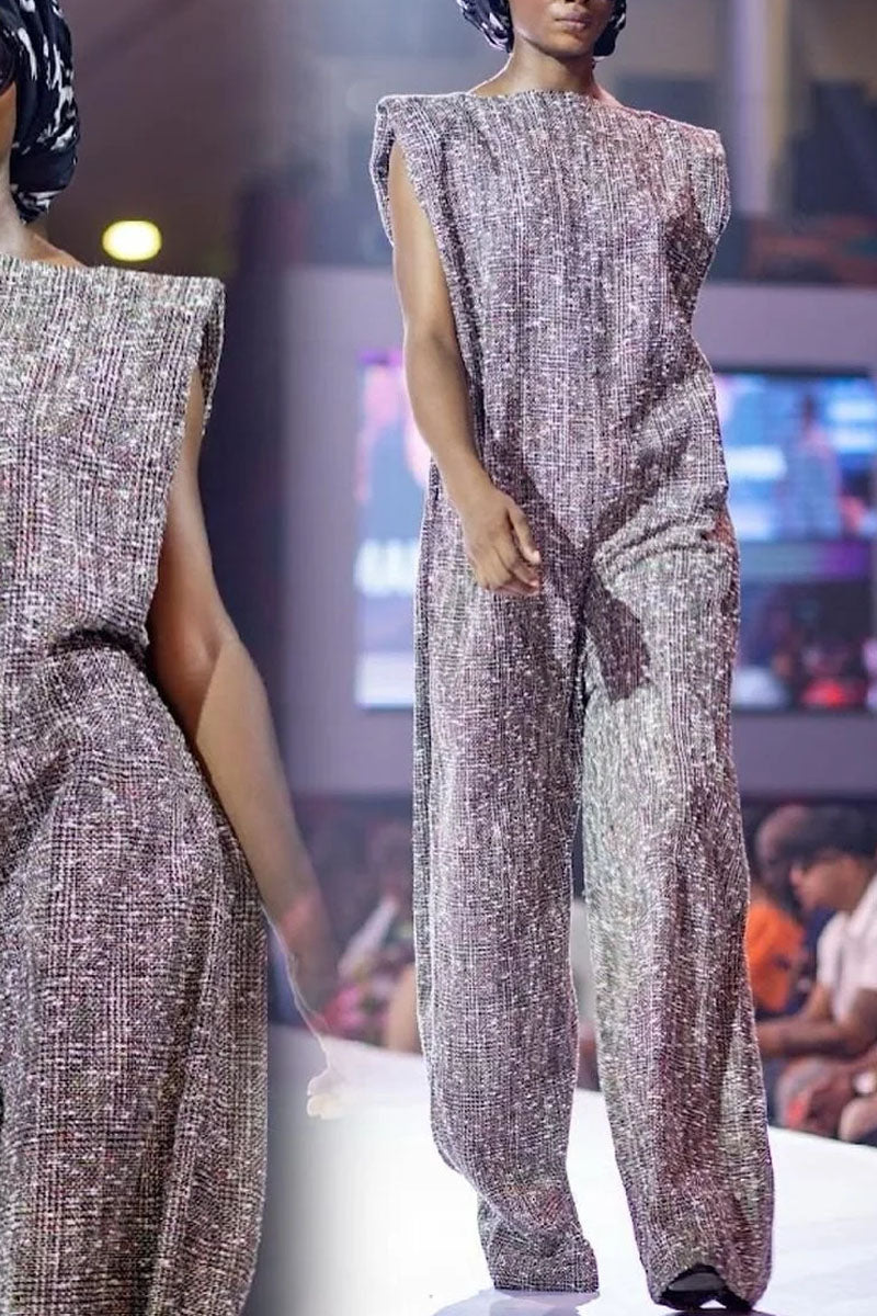 Women's Elegant Classic Tweed Sleeveless Square Neck High Waist Jumpsuit
