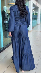 Women V-neck Fitted Top + Wide-leg Pants Solid Color Casual Set
