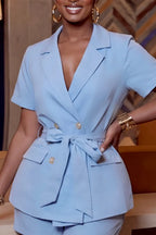 Women's Tailored Light Blue Blazer or Shorts with Waist Tie or  Gold Buttons