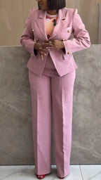 Women Collar Double Row Buckle Blazer + Pants Temperament Commuting Suit