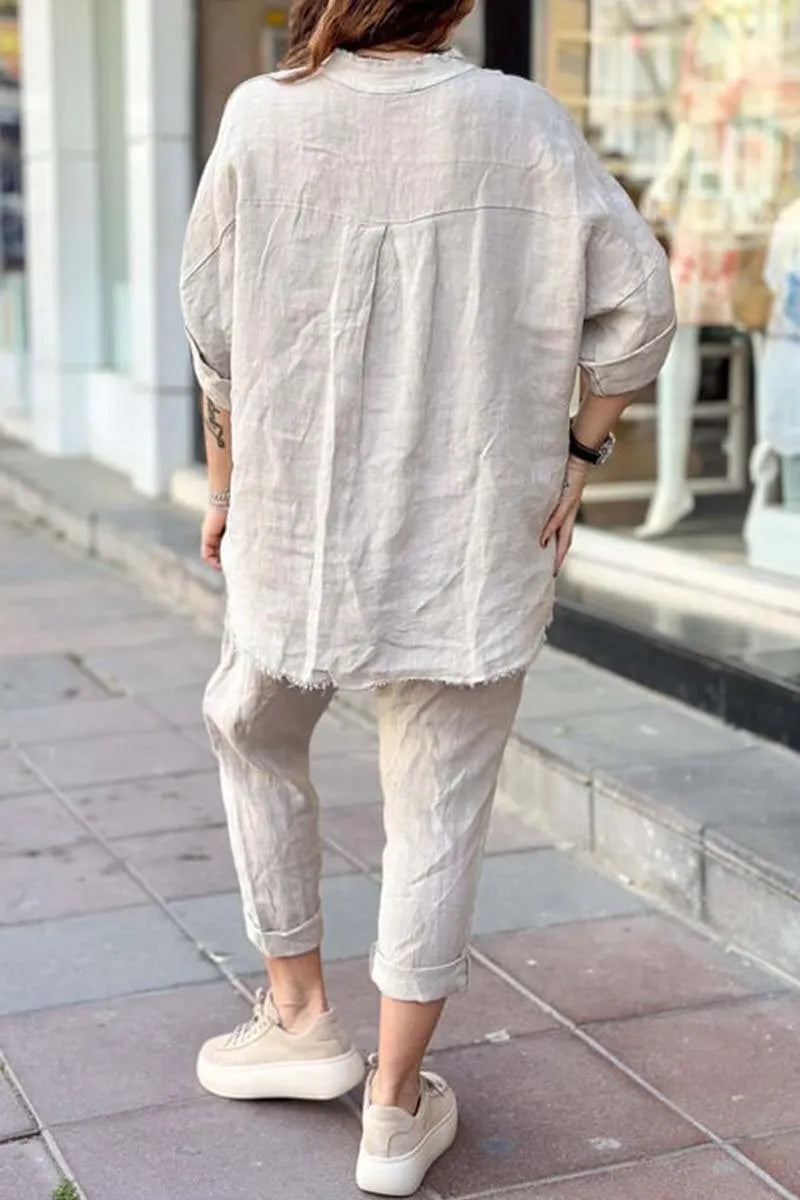 Women's casual letter printed cotton and linen top + pants set