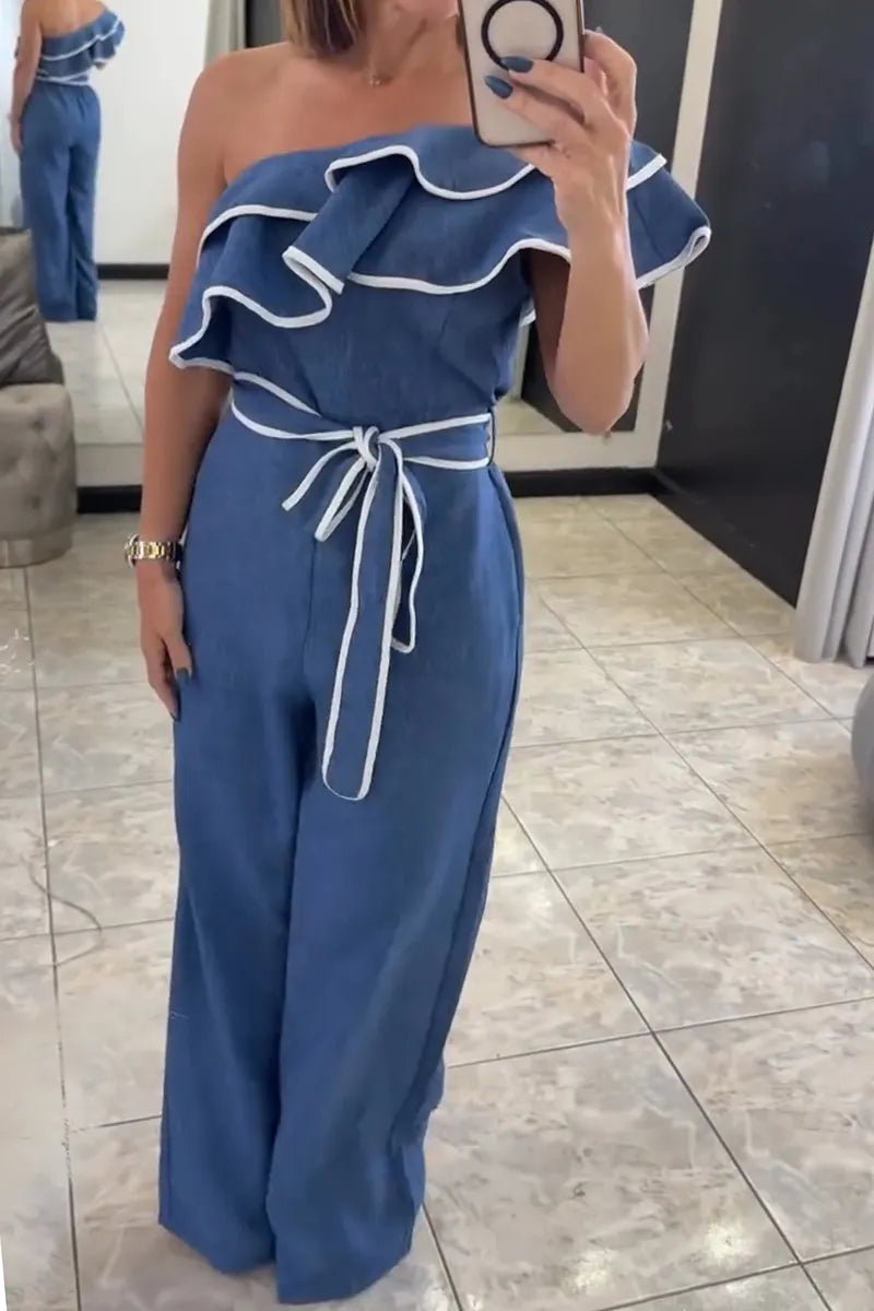 Women's Casual One-Shoulder Flounce Wide Leg Jumpsuit