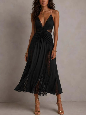 Vintage Spaghetti Straps Lace Panels Midi Dress