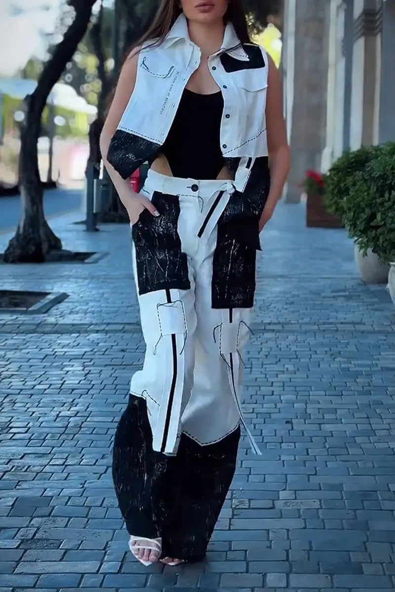 Women's Fashion Asymmetric Color Block Vest or Wide Leg Pants
