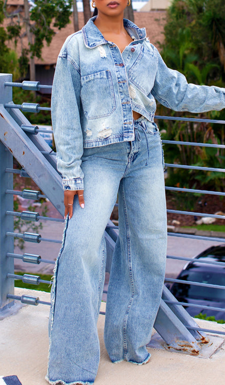 Women Collared Jacket + Pants Casual Denim Set