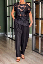 Women Round Neck Patterned See Through Top+ Wide Leg Pants Casual Suit