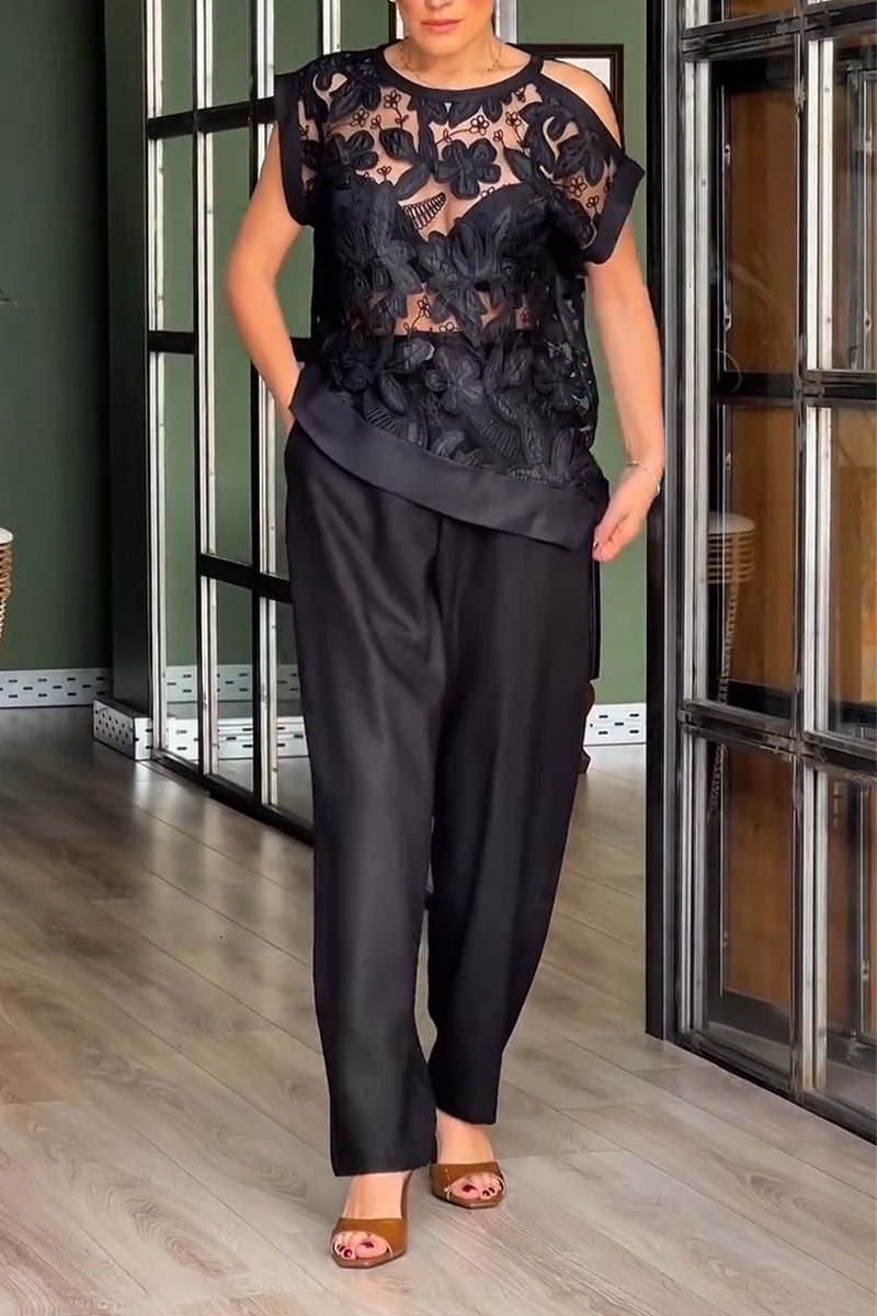 Women Round Neck Patterned See Through Top+ Wide Leg Pants Casual Suit