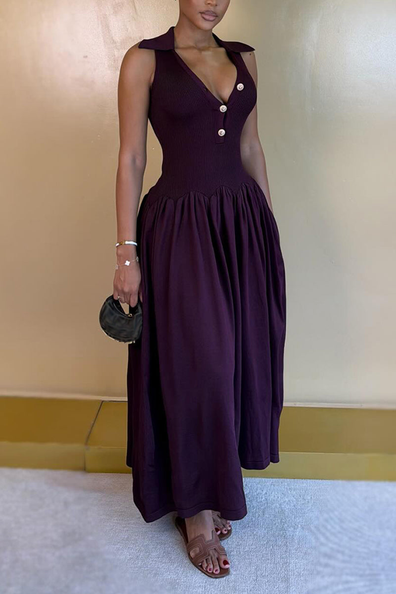 Women's Elegant Button-Trim Knit-Panel Midi Dress