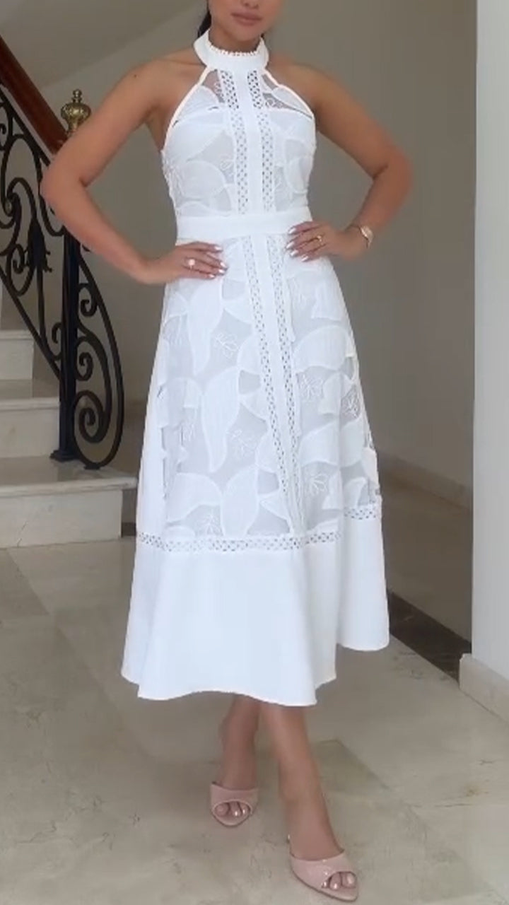 Women Neck Hanging Sleeveless Lace Patchwork Elegant Temperament Dress