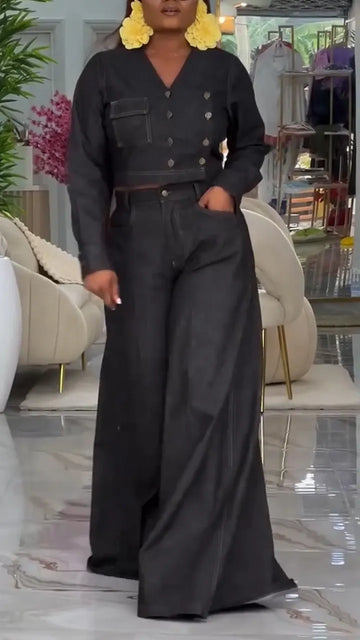 Women V-neck Double Breasted Top and Pants Casual Denim Suit