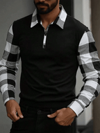 Men's Business Plaid Contrast Patchwork Zipper Lapel Long-Sleeved T-Shirt