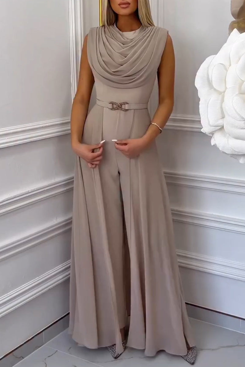 Women Round Neck Patchwork Sleeveless Elegant Temperament Jumpsuit