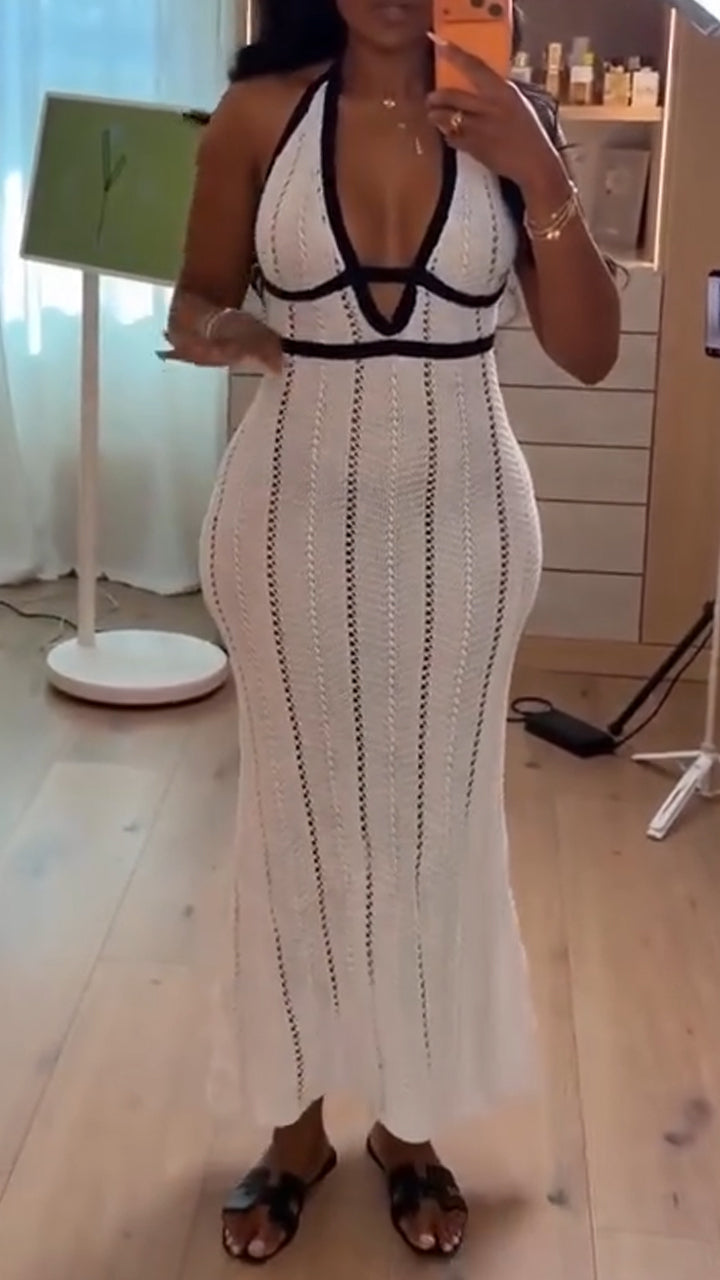 Women Neck Hanging Deep V-neck Patchwork Hollow Slim Fit Sexy Casual Maxi Dress