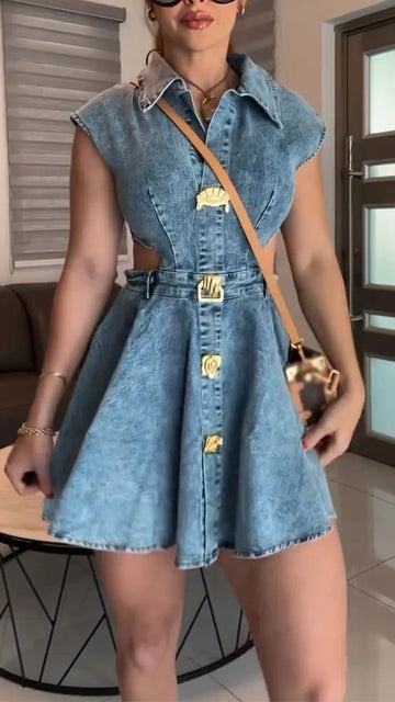 Women Laple Collar Hollowed Out Patchwork Elegant Casual Denim Dress