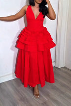 Women's Elegant V Neck Tiered Flounce-Hem Dress