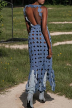 Women's Casual Sleeveless Cutout Patchwork Denim Maxi Dress with Petal Fringe Hem