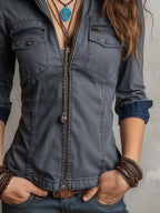 Vintage Washed Zip-up Long-sleeved Denim Shirt