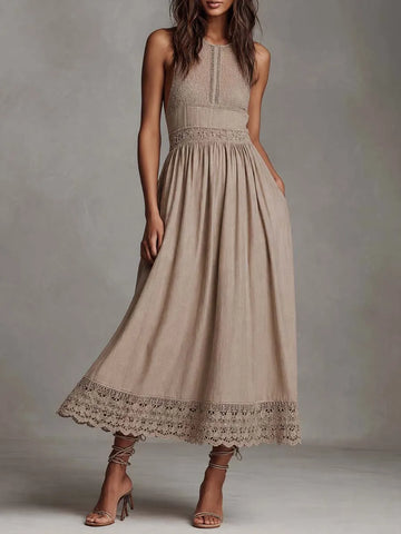 Boho Lace Linen Sleeveless Midi Dress